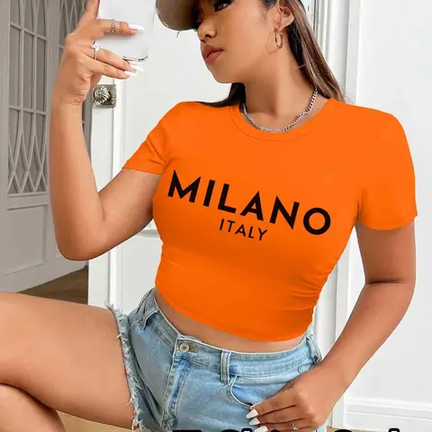 Women's Letter Print Round Neck Crop Tee, Casual Short Sleeve Crew Neck T-shirt for Summer, Fashion Women's Top for Daily Wear