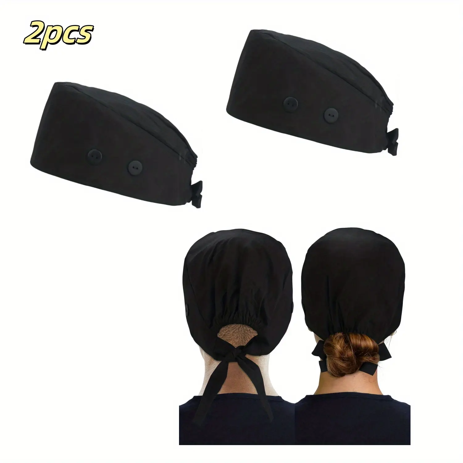Women's 2-Pack Cotton Workwear Scrub Caps with Ponytail Pouch, Low Iron, Adjustable with Water Absorbent Sweatband & Button Detail, 1 Size, One Size Fits