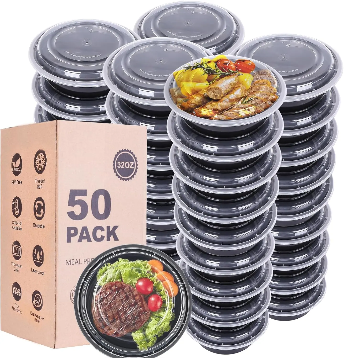 50Pack 32OZ Meal Prep Bowls, Disposable Meal Prep Containers with Lids, Round To Go Containers