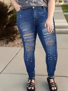 [Plus Size] Ripped Denim Jeans, Fashion Casual Fit Skinny Jeans for Daily Outdoor Wear, Women Plus Clothing for Summer