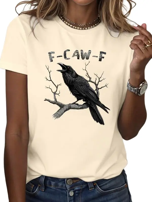 Witchy Raven T-Shirt , Bold Crow Perched on Tree with F-CAW-F Dark Humor Text , Edgy and Sarcastic Style , Unisex 1-side Printed Cotton Tee , TikTok T