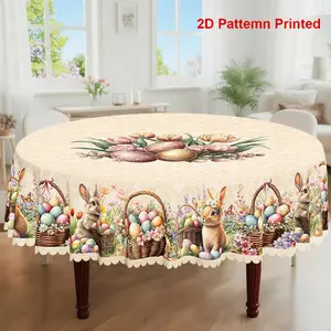 1pc, Easter Themed Party Tablecloth, Spring Summer Vintage Butterfly Rabbit Colored Eggs Tulip Flower Floral Printed Design, Rectangular/Round/Oval Table Cloth, Embossed Edge, Suitable For Indoor Outdoor Dining Picnic Dinner Dining Room Decoration