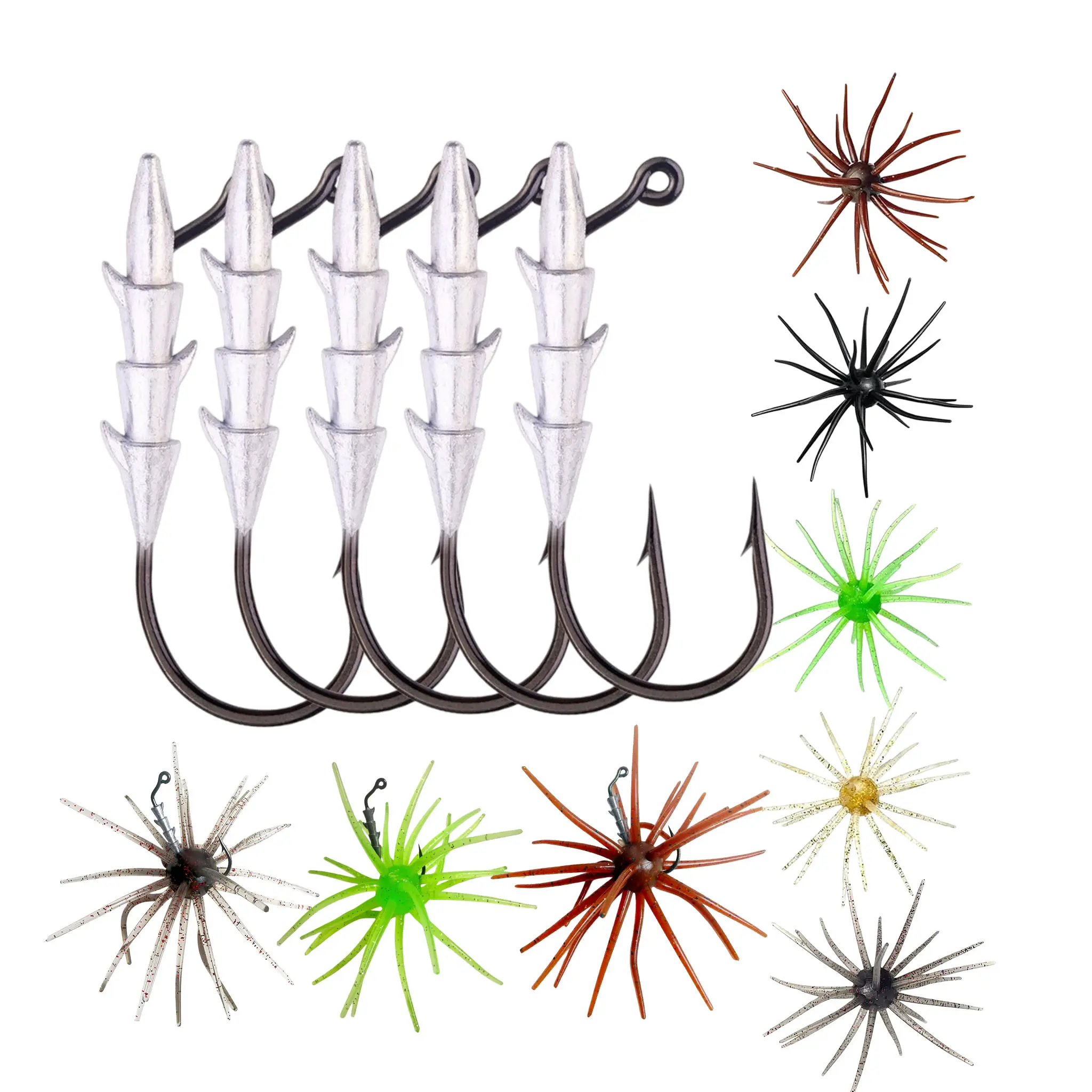 Bionic Sea Urchin Soft Fishing Lures Set, 5Pcs Sharp Lead Jig Head Hooks + 5Pcs Silicone Tentacle Artificial Bait, Durable Soft Bait for Bass, Perch, Trout Freshwater & Saltwater Fishing