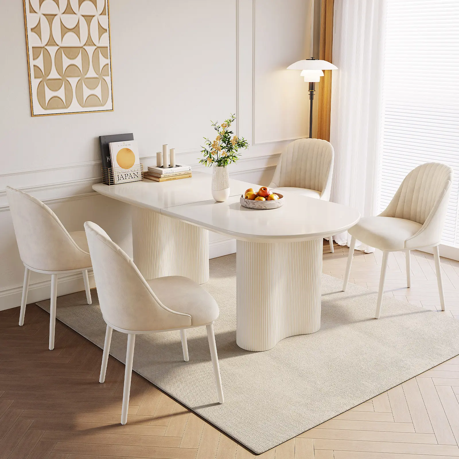 Guyii 63" Creamy Minimalist Dining Table Set | Modern Wavy Leg Kitchen Table with 4/6 Bouclé Chairs | Elegant Space-Saving Breakfast Nook for Apartment & Dining Room summerwins