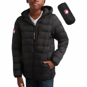 Canada Weather Gear Boys' Puffer Jacket - Lightweight Packable Bubble Coat, Water Resistant Outerwear Jackets for Boys - Black/Color Patch, 18-20