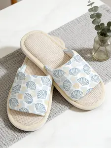 Light Blue Fresh Shell Home Slippers, Natural Linen Breathable, Ocean Style Soft Daily Flat Shoes, Comfortable Indoor Footwear