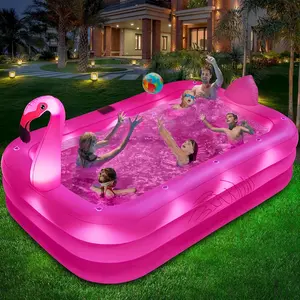 Inflatable Pool with Lights Solar Flamingo Swimming Pool for Kids Adults Pink Design Fun Outdoor Play Area Eco-Friendly Solar-Powered Fun