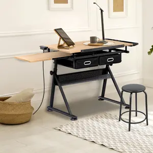LEMY Adjustable Drawing Table - Ergonomic Art Desk with Storage Drawers, Shelf & Stool, Height and Angle Tilting Wood & Steel Drafting Table