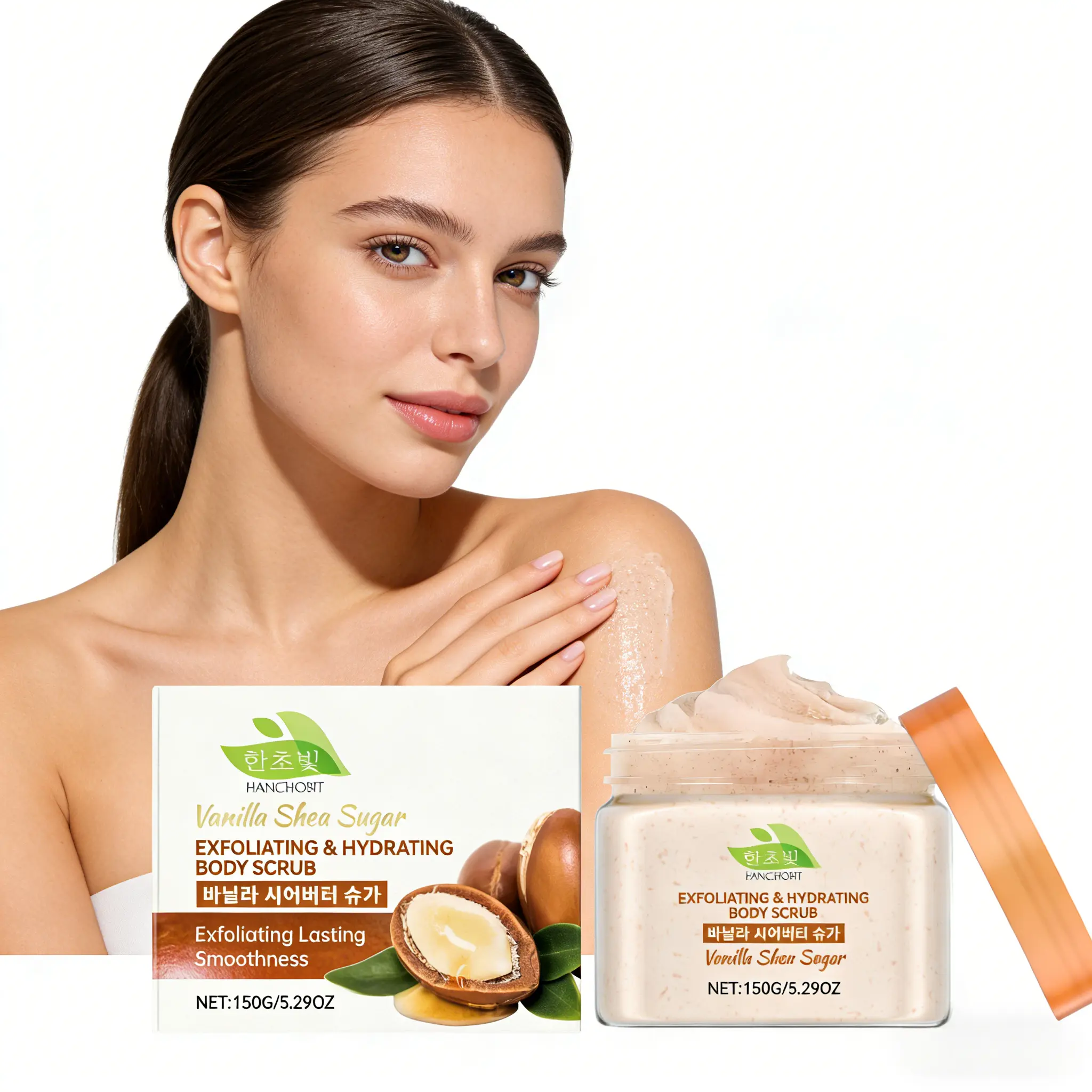 Bourbon Vanilla Shea Butter Body Scrub (150g) - Herbal Cosmetic Body Care, Cetearyl Alcohol, Walnut Shell Powder, Hydrating Moisturizer Cleanser, Gentle Daily Peel for Dry Skin, Removes Dead Skin, Smooths Texture, Skin Repair