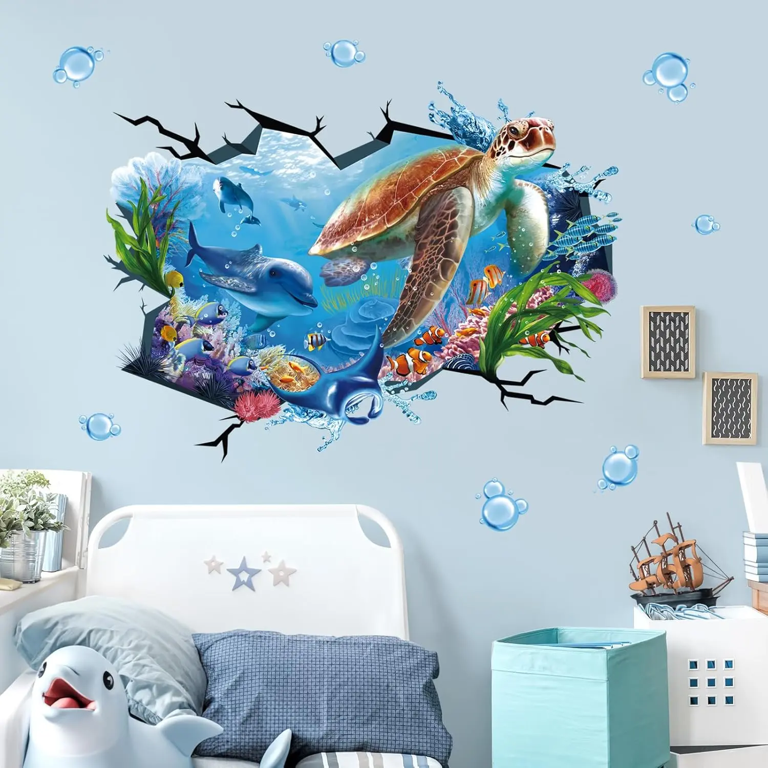 X-WPA35 Large Flat Waterproof PVC Underwater Animal Decorative Wall Decals - 3D 90cm x 30cm Sea Turtle, Dolphin, Tropical Fish Geometric Ocean Art Stickers, Room Wall Decor for Baby Nursery, Mother's Day Gift, Juneteenth