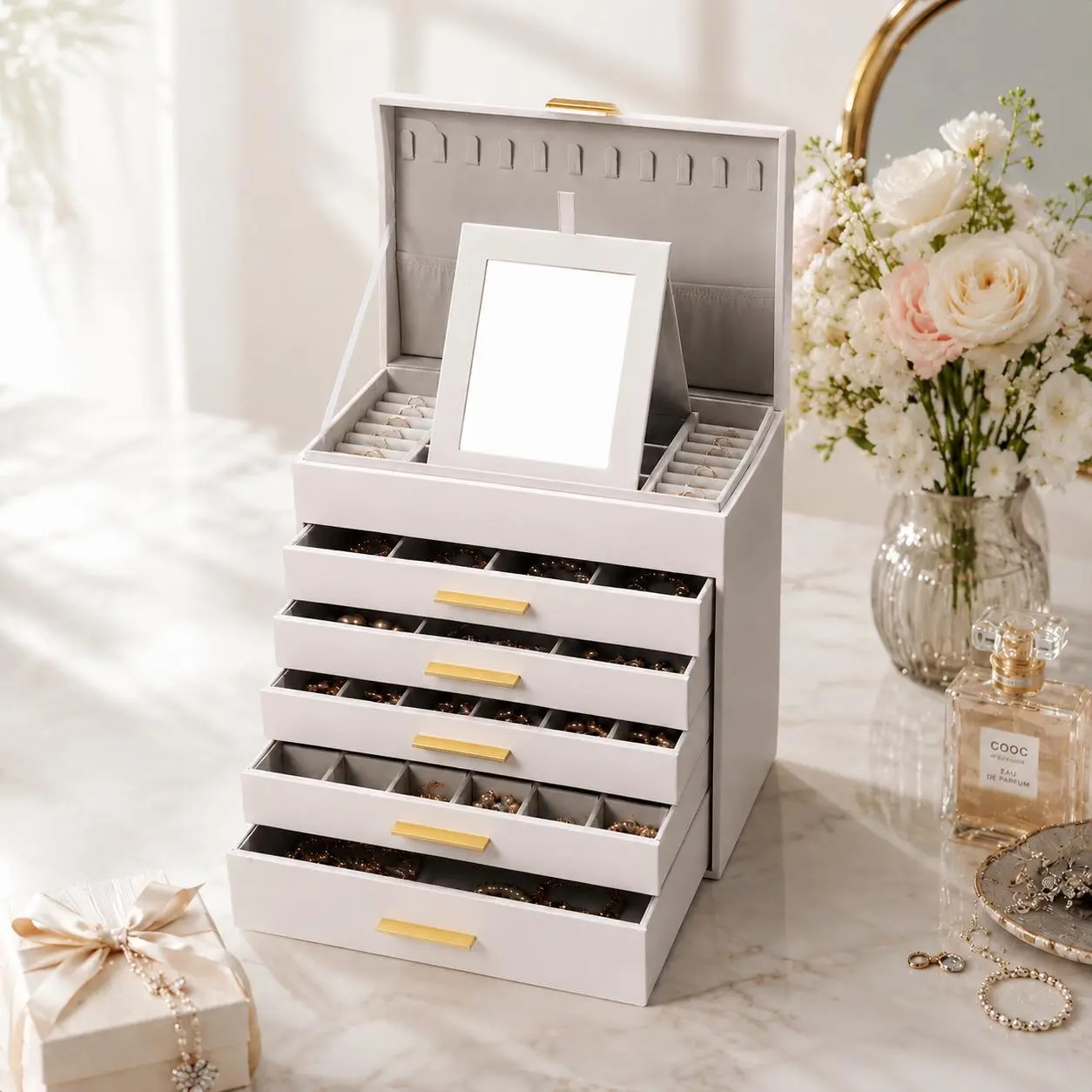 BOOVO White 6-Layer Elegant Durable Storage Jewelry Organizer, Large Capacity Modern PU Leather Vanity Case with Mirror & Velvet Lining for Earrings, Rings, Necklaces, Ideal Gift for Women (Mother’s Day, Valentine’s Day)