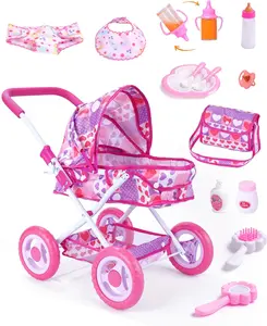 BABESIDE Baby Doll Stroller Accessories Set,Suitable for 12-inch dolls, 10 Pcs Doll Stroller with Foldable Design, Baby Doll Accessories for Pretend Play, Feeding & Care Playset, Gift for kids Ages 3yrs+ (Doll Not Included)