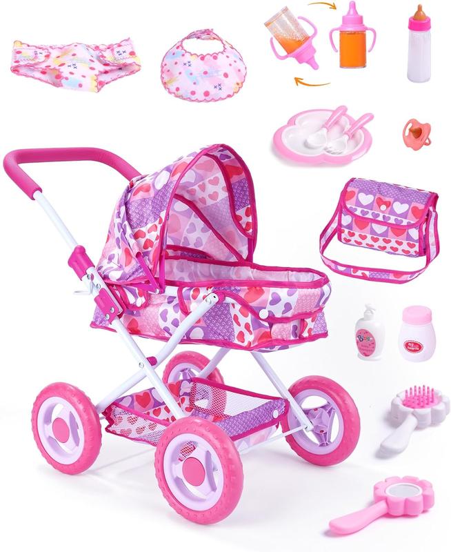 #tiktokshopstockup BABESIDE Baby Doll Stroller Accessories Set,Suitable for 12-inch dolls, 10 Pcs Doll Stroller with Foldable Design, Baby Doll Accessories for Pretend Play, Feeding & Care Playset, Gift for kids Ages 3yrs+ (Doll Not Included