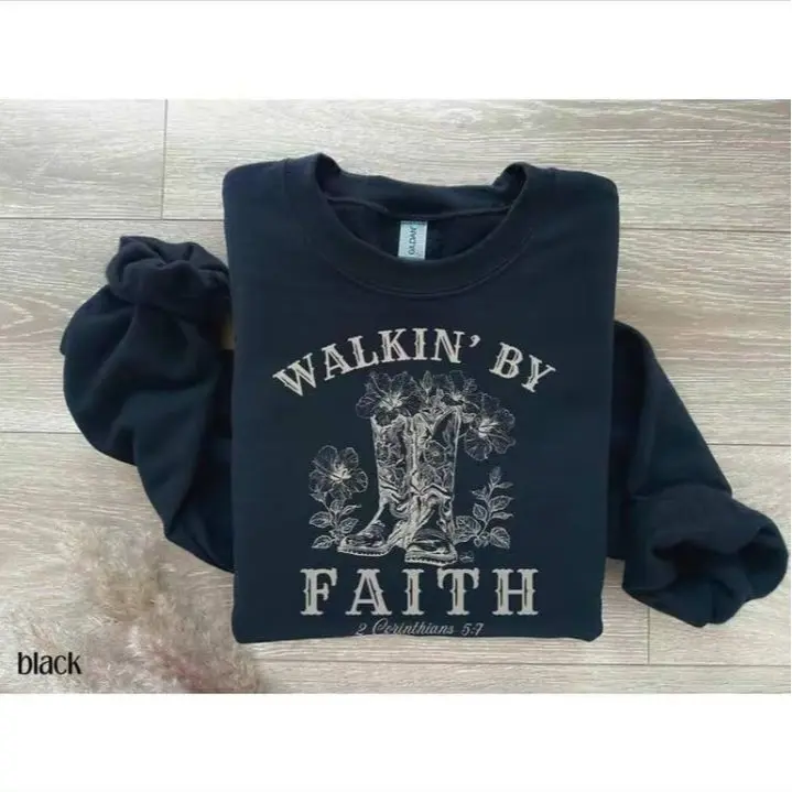 Fiathhaus - Christian Cowgirl Sweatshirt, Horse Lover Gift, Western Bible Verse Shirt, Jesus Walkin' By Faith Crewneck