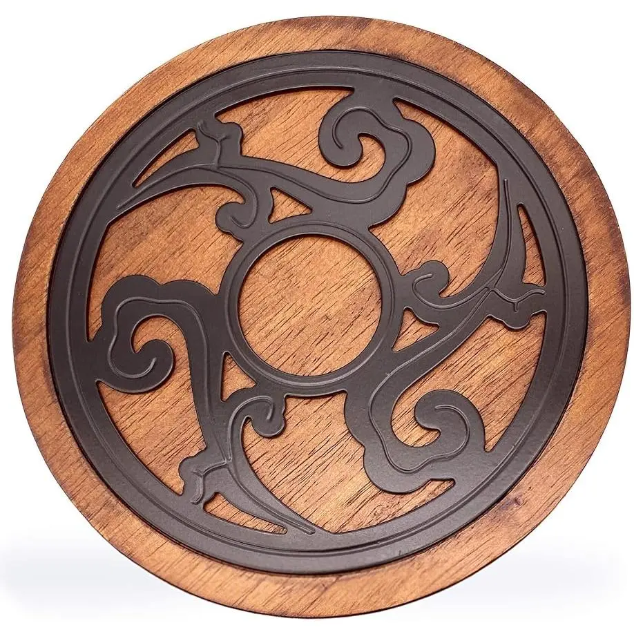Cast Iron with Wood Trivet, Metal Trivets for Hot Dishes, Decorative 8-inch Round Kitchen Hot Pad, with Vintage Pattern for Serving Pot, Plates & Teapot on Kitchen Countertop or Dinning Table(Black)