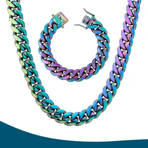 14mm Rainbow Colorful Stainless Steel Cuban Link Chains Hip Hop Multicolor Chunky Heavy Cut Curb Necklace for Men
