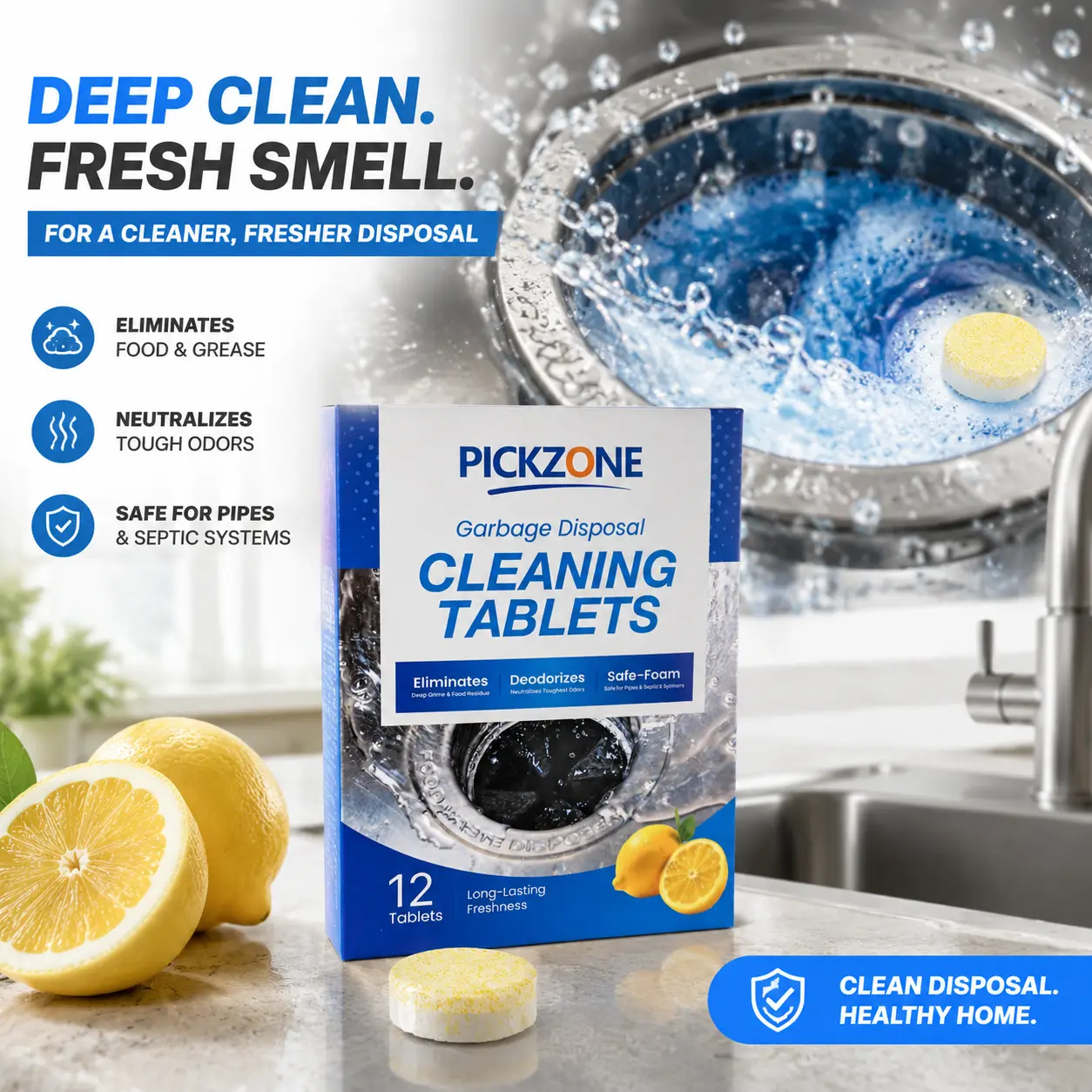 PICKZONE Garbage Disposal Cleaner Deodorizer Tablets,  Mineral & Plant-Based Eco-Friendly Fresh Lemon Foam Sink, Garburator, Disposer Freshener