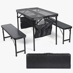 Folding Picnic Table Set with 2 Benches, Portable Outdoor Table and Chairs, Perfect for Camping, BBQs, Parties, and Events, Durable Design with Mesh Net for Storage and Easy Transport