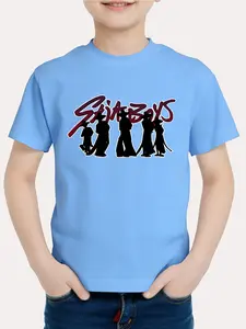 K-Pop Demon Hunters Boys Blue T-Shirt Saja Boys Silhouette Print Graphic Anime Tee, Casual Fitted Short Sleeve, Comfortable Breathable Kids Clothing