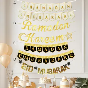 2sets Eid Mubarak Paper Banner Garland 2026 Ramadan Moon Star Hanging flag Home Ornaments Party Decoration Party Decorations Banners