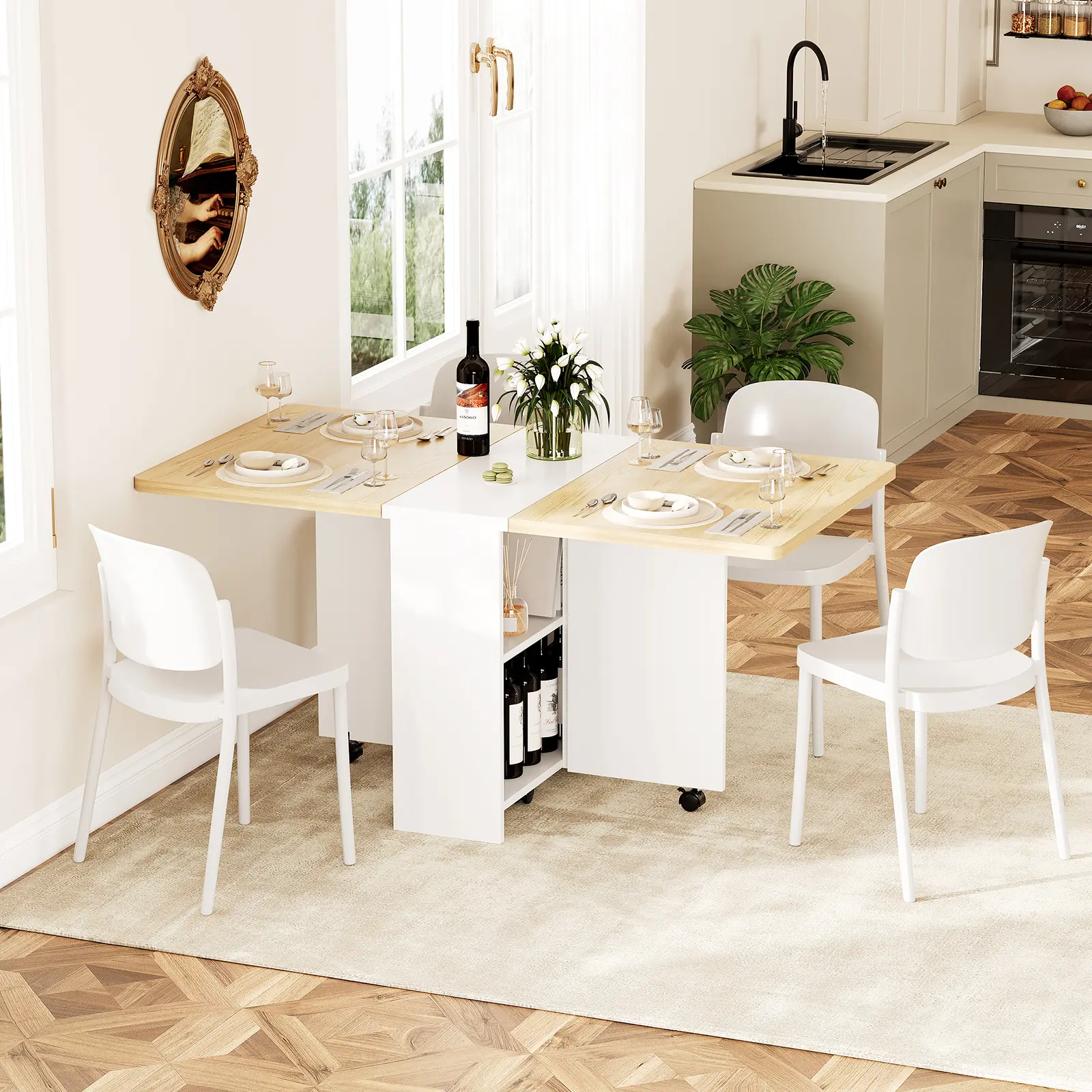 Drop Leaf Table for Small Spaces, Movable & Foldable Dining Table with 2-Tier Storage Shelf, Extendable Dining Table for 4