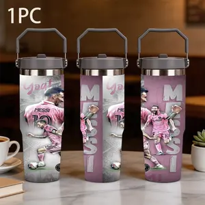 1pc 30oz large-capacity Stainless thermos cup featuring MESSI in Miami International with his back in a pink No. 10 shirt arranged vertically with the letters "MESSI" and "Goat" in handwriting, suitable for Messi fans to collect, Tumbler