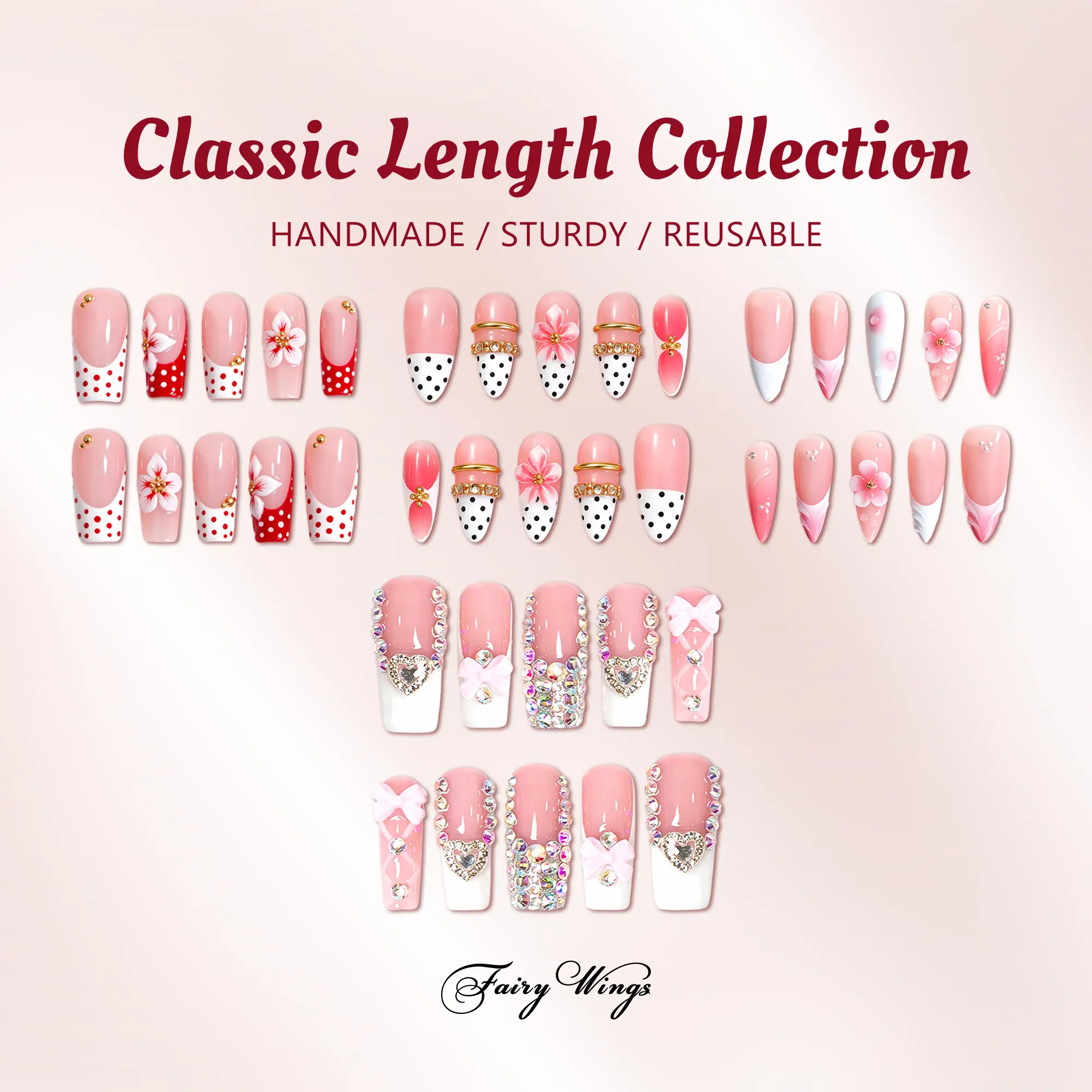 Fairy Wings | Classic Length Collection  Handmade Press On nails | 10PCS Reusable | Salon Quality | 3D Flower |  classic length
