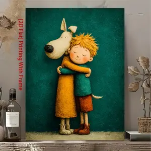 [2D Flat] Framed, Artwork of a Boy Hugging a Dog, Canvas for a Puppy-Themed Room, Gender-Neutral Animal Friendship Decor, Playful Art for Dog Enthusiasts, Wall Decoration
