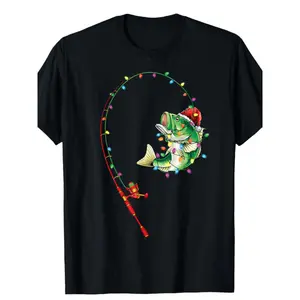 Men's Cotton Shortsleeve Streetwear T-Shirt - Bass Fishing Christmas Top, Round Neck, Regular Fit, Funny Jumping Fish & Fishing Rod Graphic, All-Season Casual, Black - Ideal Gift for Anglers