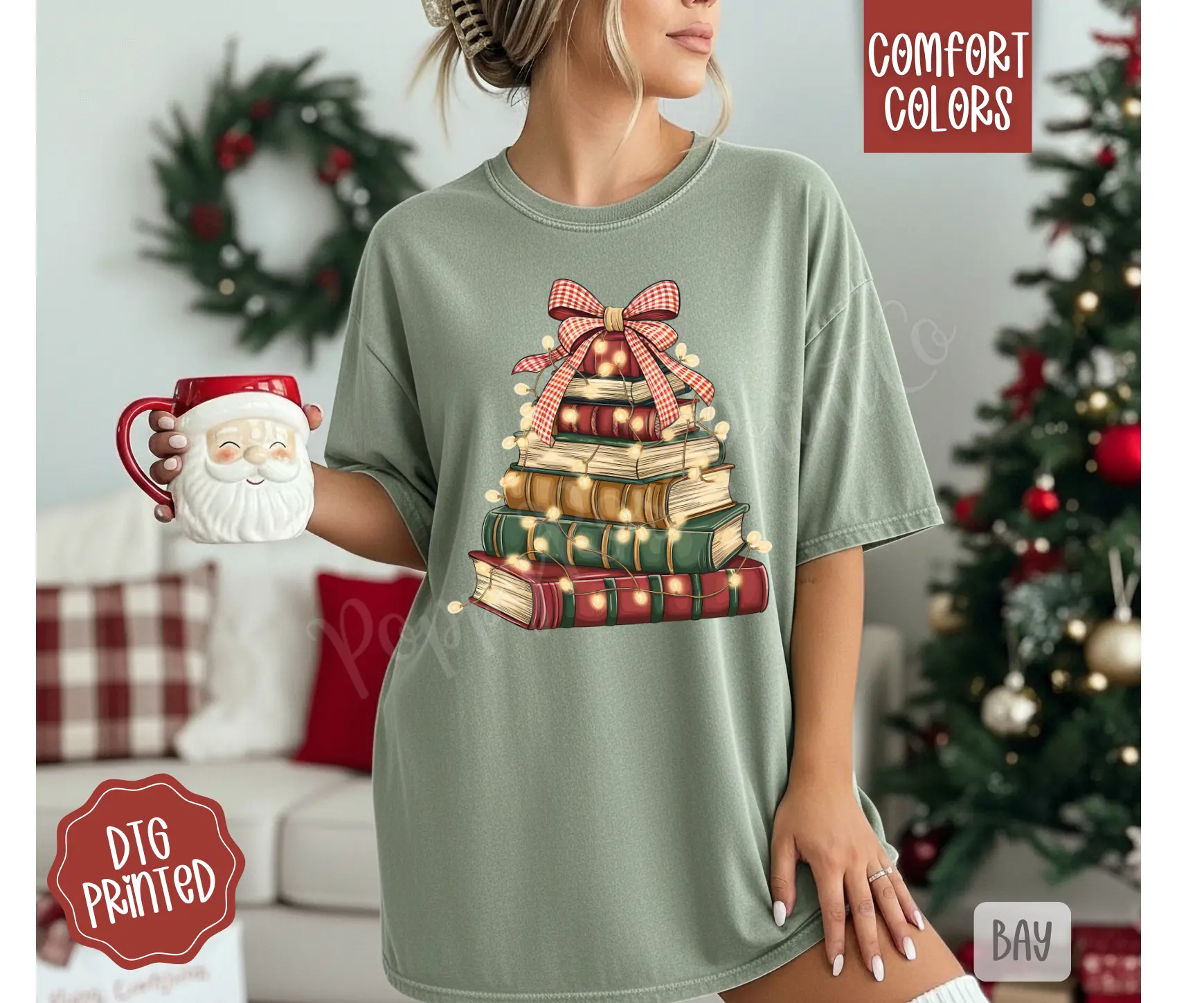 Christmas Book Tree Shirt Comfort Colors, Trendy Women's Holiday Reading Tshirt