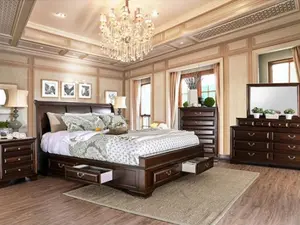 CM7302CH-4PC 4 pc Brandy brown cherry finish wood sleigh style headboard queen bedroom set under bed drawers