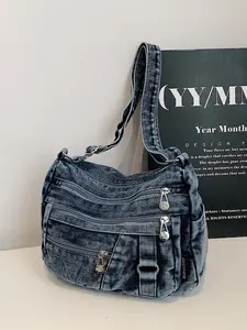 Denim Crossbody Bag, Single Shoulder Tote, Vintage Workwear Style, Work Bags, Multiple Zip Pockets, Large Capacity, Unisex Casual Backpack, Adjustable Crossbody Bag