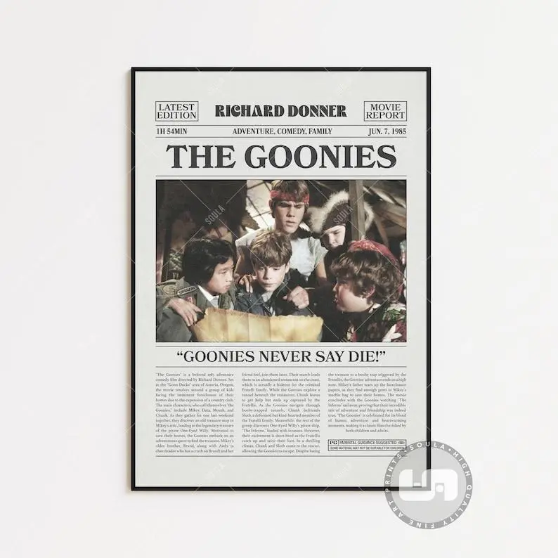 The Goonies Poster, Richard Donner, Movie Poster, Retro Newspaper, Black White Wall Art, Vintage Retro Art Print, Custom Movie Poster