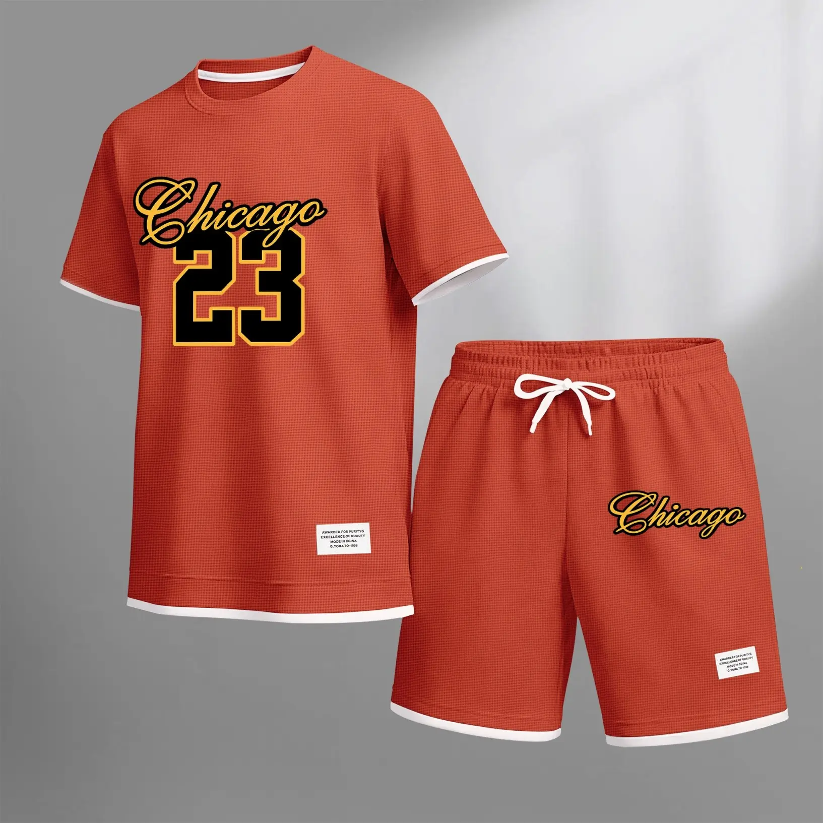 This men's printed drawstring shorts set, featuring design number 23, is ideal for spring and summer. This casual summer outfit includes a short-sleeved shirt and shorts, suitable for everyday wear and athletic activities.