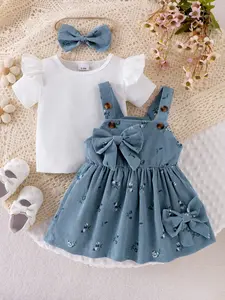 Baby Girl 3-Piece Set, Baby Clothing, Casual Short Sleeve T-Shirt, Striped Dress with Large Bow, Elegant Style, Includes Hair Band