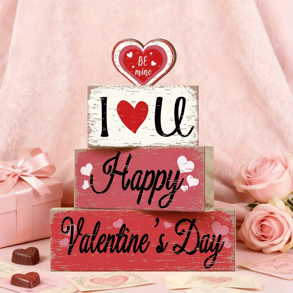 4 Pcs Valentine Decorative Sign & Plaque I Love You Valentine Day Wooden Blocks, Table Centerpiece, Tiered Tray Decor & Decorative Stacked Blocks for Coffee Table, Fireplace Mantel, Floating Shelf