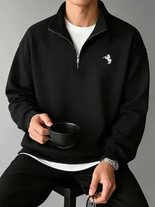 Daily Versatile Horse Half-Zip Sweatshirt, Simple Casual Loose Fit Stand Collar Pullover, Spring & Fall Fashion