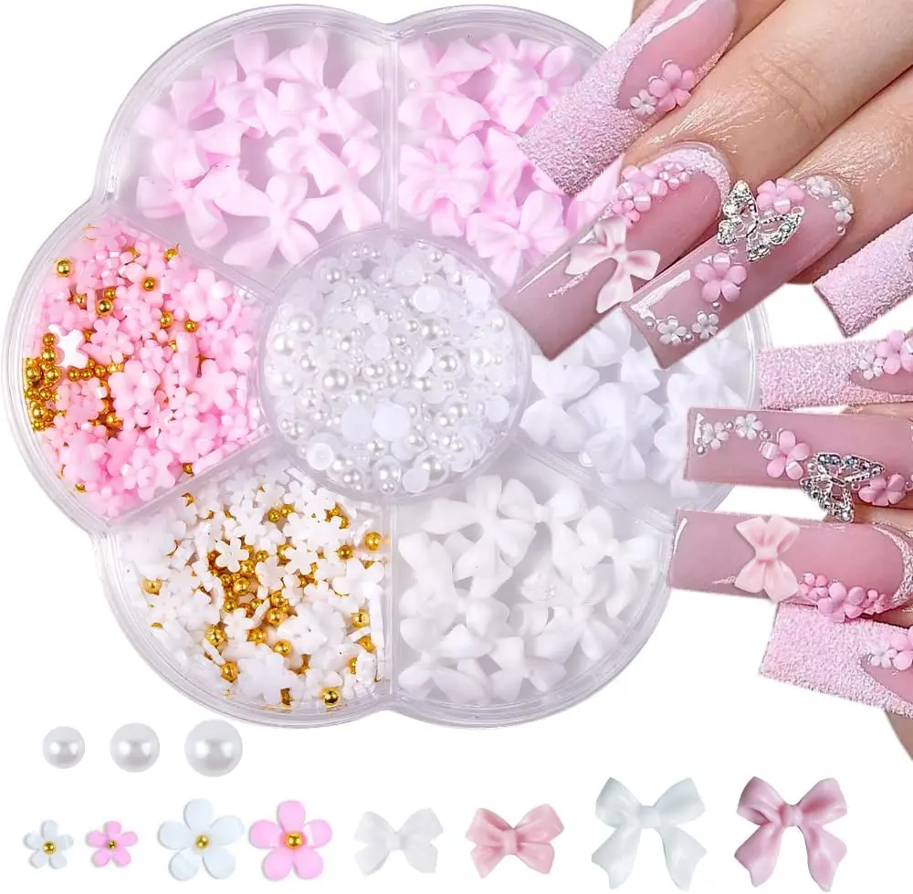 Halloween Fall Gift Nail Charms, Flower Bow Manicure Kit, Pink White 3D Cute Flower and Bow Nail Charms, 3D Acrylic Flowers Nail Gems with White Half Pearls Nail Art Decoration
