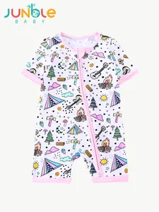JUNBLEBABY Cotton Fiber Baby Outfit with Pink Campfire Print Soft Fabric Foldable Foot Covers Double Zippers One-Piece Short-Sleeved Baby Romper