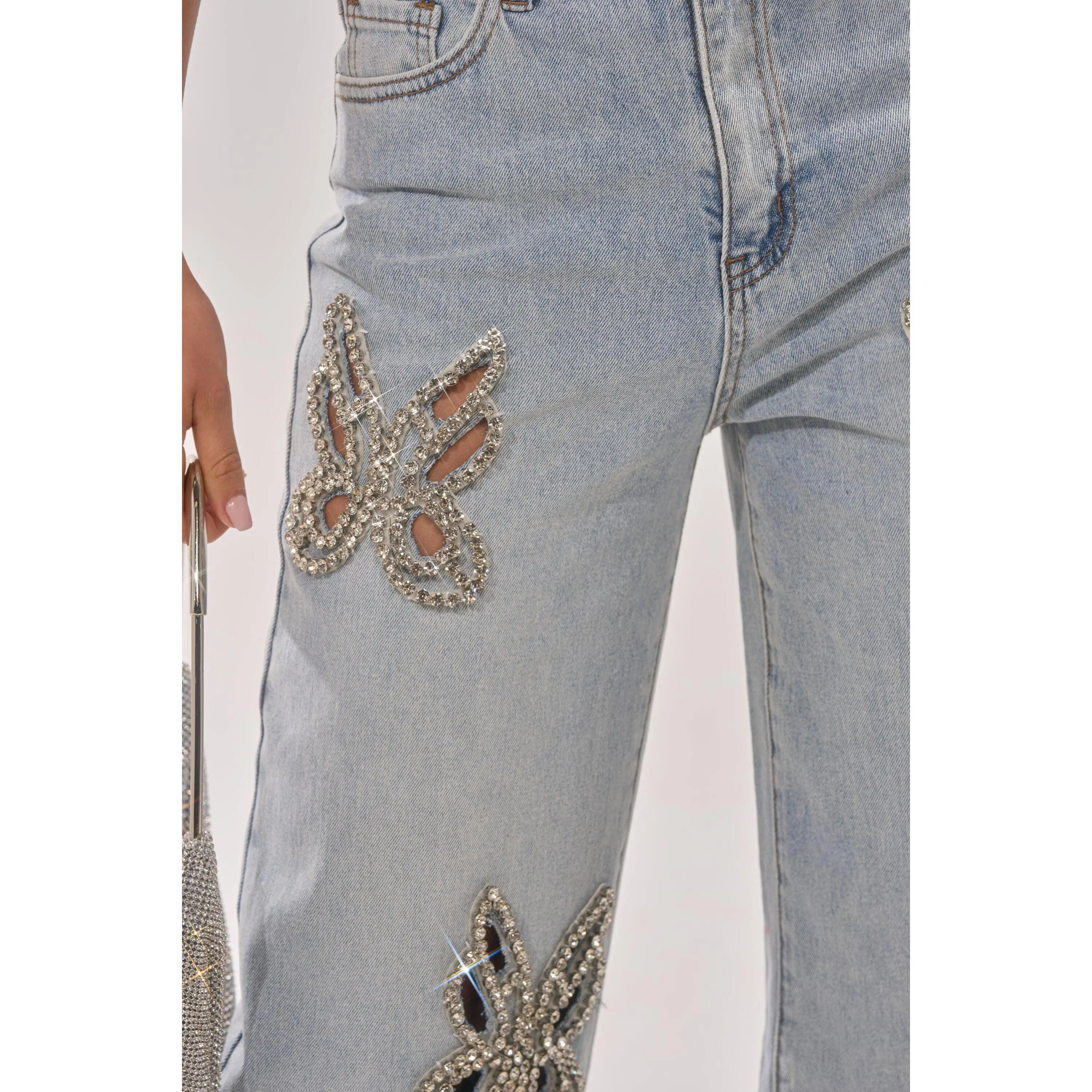 RHINESTONE BUTTERFLY CUTOUT DENIM JEANS - TikTok Shop