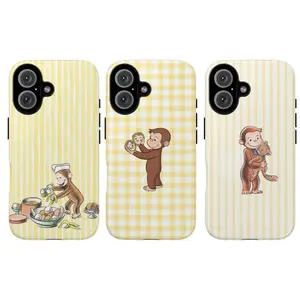 Curious Georgee Tough Phone Case, Cute Yellow Gingham Cartoon Themed Phone Case Premium Matte Texture, Protection, Shockproof, Anti-Drop, Anti-Fingerprint For IPhone 17-12, Pro Max, Pro Plus, and Samsung S25-22 Protection Safety