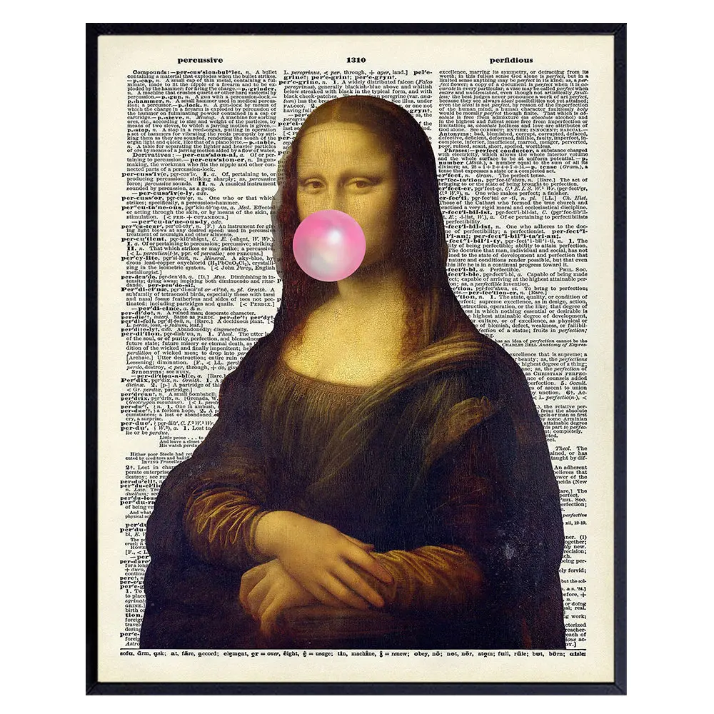 Mona Lisa Bubble Gum Art 11x14 - Bedroom, Living room Wall Decor - Trendy Preppy Room Decorations, Home Decor - Great Gift Idea - Funny Wall Art Poster - Leonardo DaVinci Dictionary Art - UNFRAMED