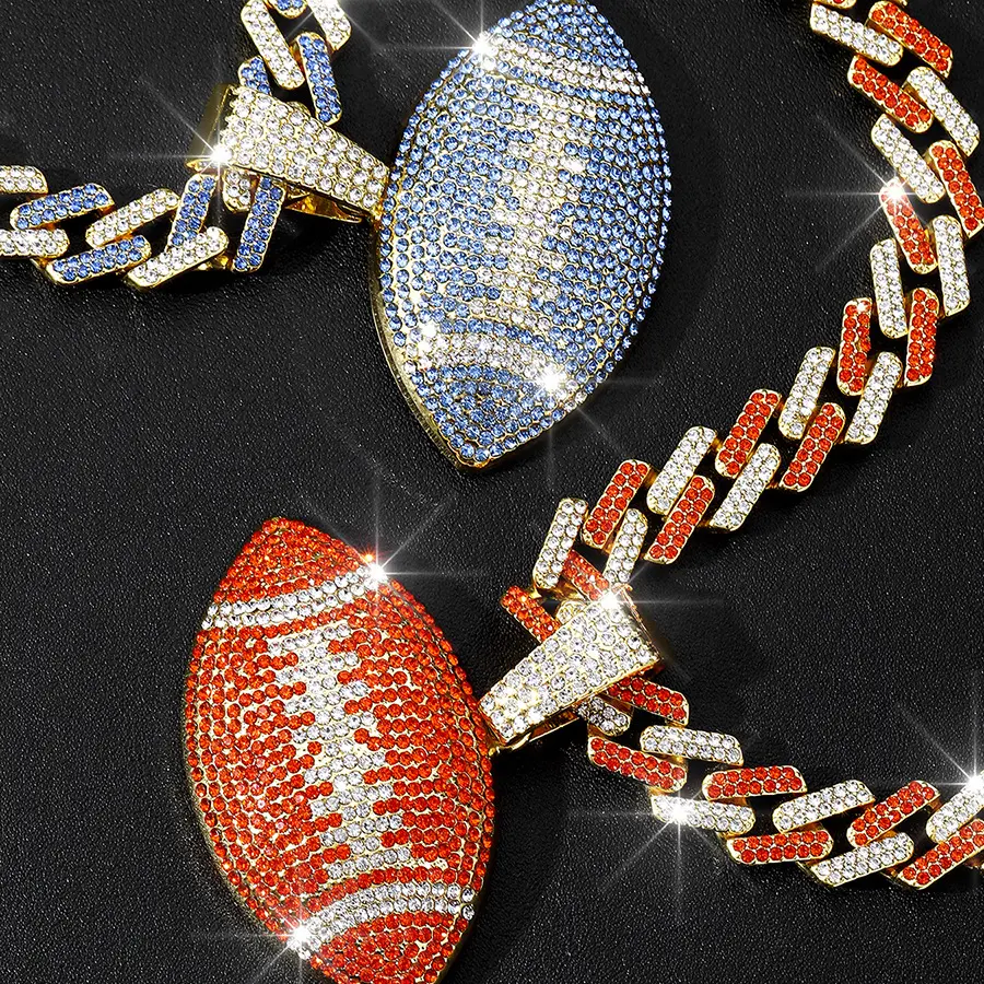 18K Gold Plated Men's Sports Rugby Pendant Necklace -18 Inch Miami Blue And White Patchwork Cuban Chain, Set With 3A Zircon, Durable Zinc Alloy, Smooth Surface Sports Style Hip-hop Jewelry For Men And Women, Christmas And Halloween Gifts