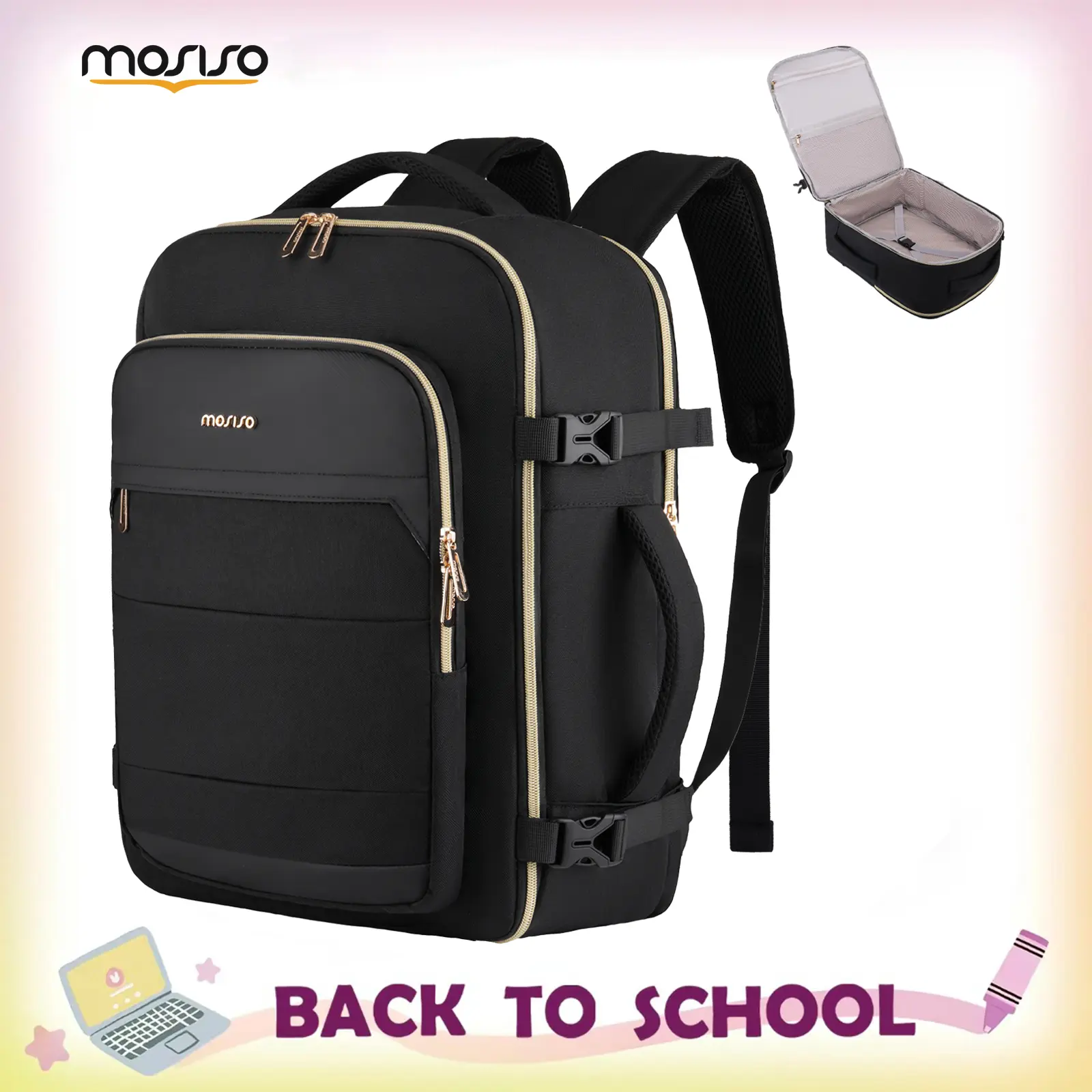 MOSISO Travel Backpack for Women Men, 15.6 Inch Laptop Carry On Backpack, Flight Approved Personal Item Bag with Luggage Strap & Side Handle for College Work Business Travel, Black