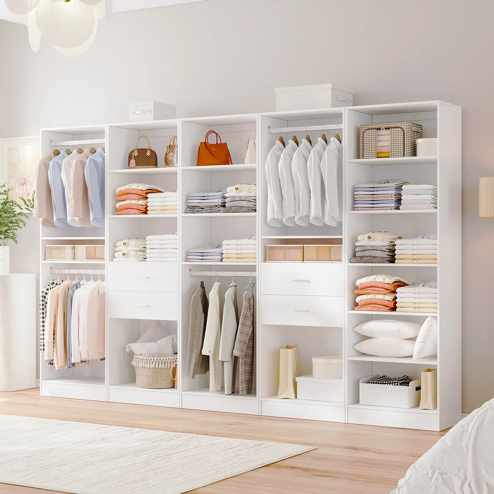VOWNER 78" Tall  Combination Storage Cabinet Wardrobe Set with Clothes Rod and Shelves Organizer Storage Openfront Freestanding Closet for Office Home Garage Laundry Room White Black