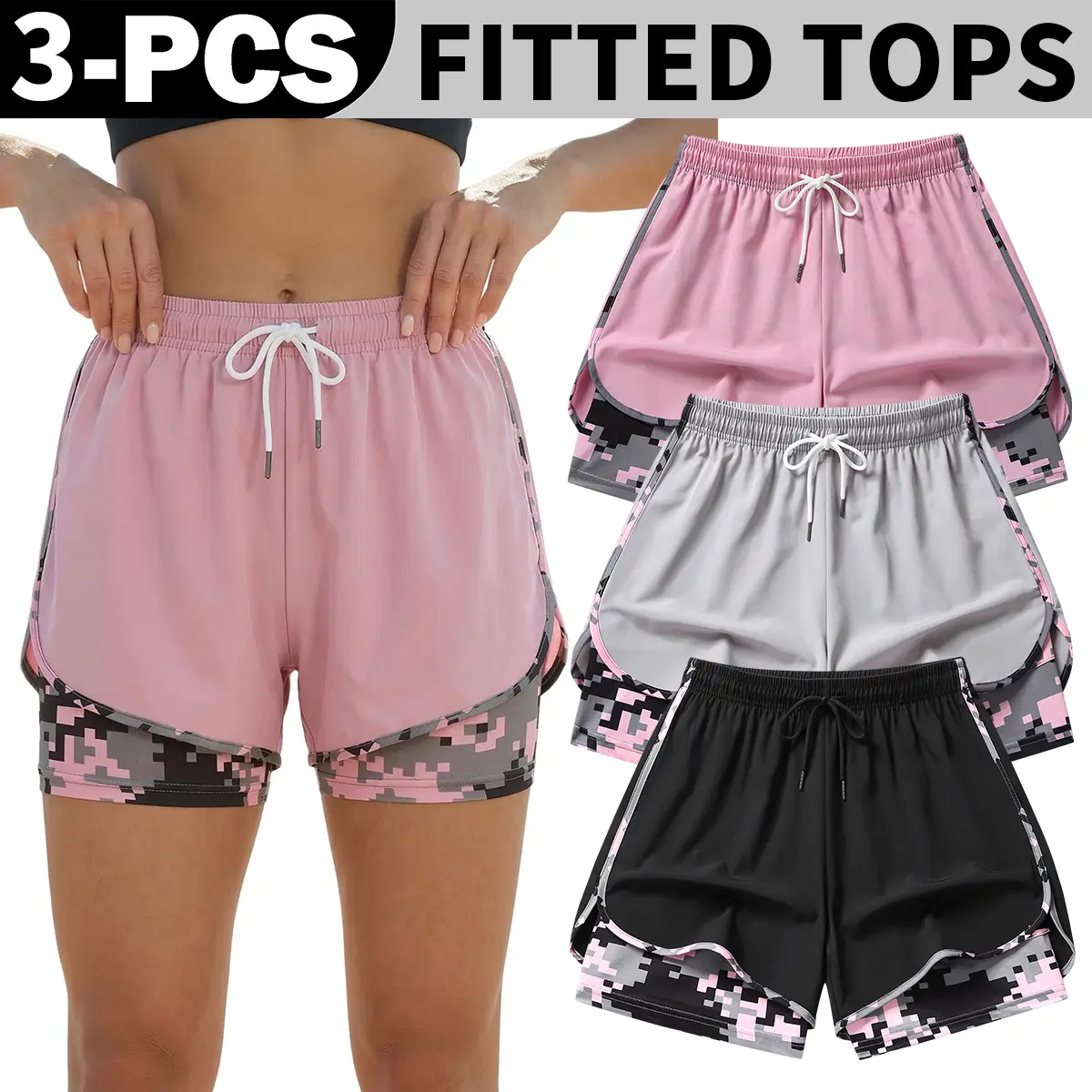 Women's Fake Two-Layer Shorts with Pixel Camo Inner Layer, Quick Dry Breathable Illusion Hem Athletic Bottoms, Lightweight Sporty Running Gym Shorts for Summer Training, Yoga & Streetwear