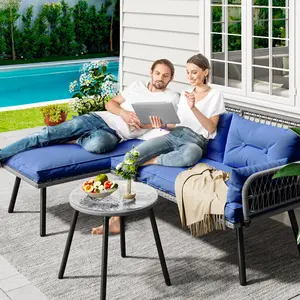 Yitahome Patio Furniture L-Shaped Coversation Sectional Outdoor Sofa Set for Backyard, Porch with Thick Cushions Detachable Lounger, Side Table (Gray+Navy Blue)