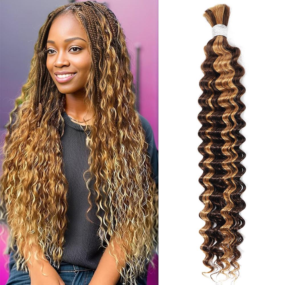 P4/27 Human Hair Braiding Hair Honey Blonde Deep Wave Bulk Human Hair for Braiding Highlight Ombre Brown Curly Bulk Human Hair for Boho Braids SpringStatements