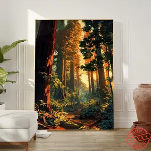 Redwood Forest Sunrise Poster Print, Captivating Anime Landscape Art for Anime Fans, Perfect Wall Decor for Living Rooms