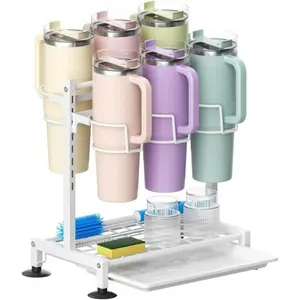 Cup Storage Rack Organizer for Countertop Carbon Steel Mug Holder with Drain Tray Multi-Tier Kitchen Cabinet Organizer for Cups Lids Spices Utensils Space-Saving Design Easy Installation Portable HomeOrganization